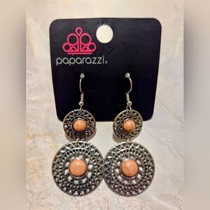 paparazzi Peach Stone Antique-Silver Filigree Double Drop Earrings